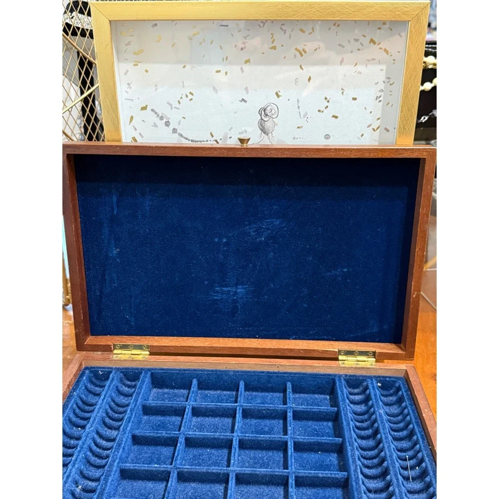 Vintage Wood Jewelry Box Made in Japan Blue Velvet Lining Ring Roll Organizer